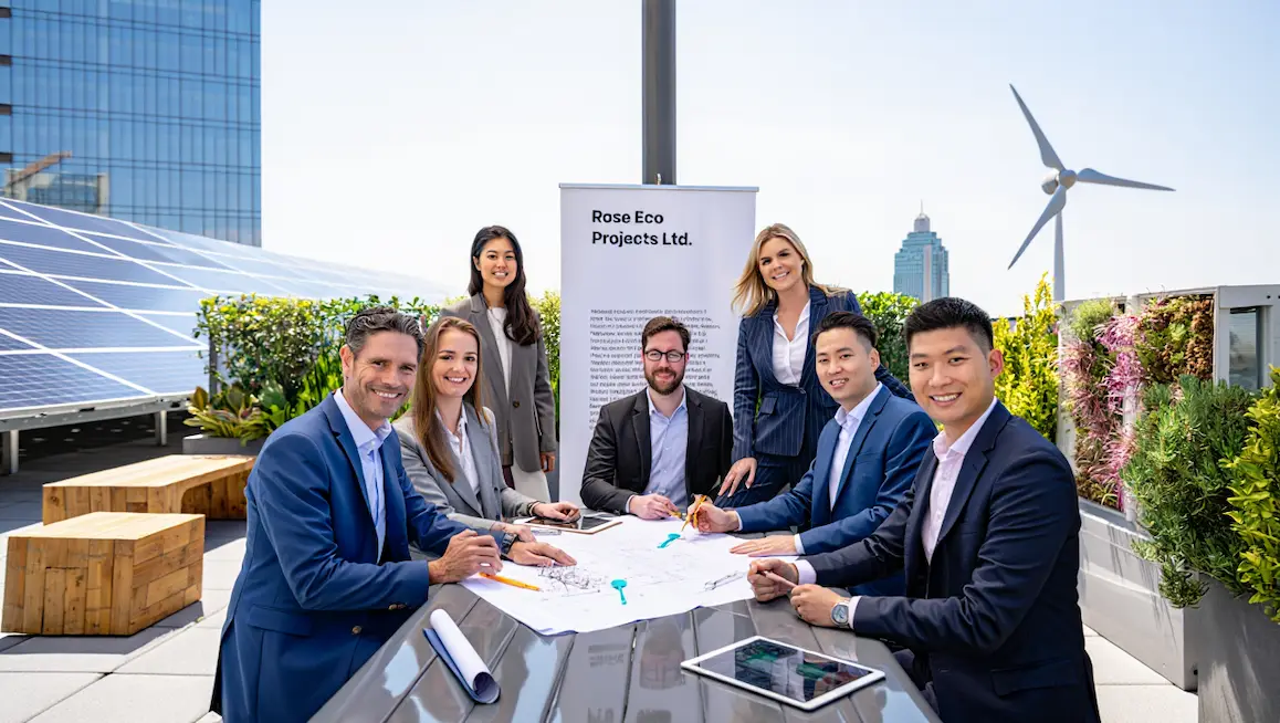 Professional team from Rose Eco Projects Ltd. collaborating outdoors, with solar panels, wind turbine, and greenery symbolizing sustainable solutions