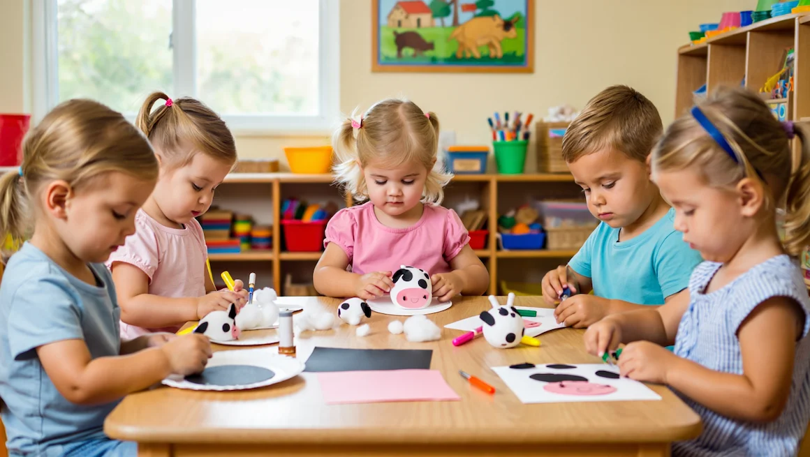 Children engaged in a cow preschool craft activity, creating paper cow faces with glue, cotton balls, and markers at a classroom table.