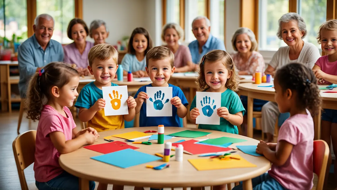 Children and grandparents enjoying craft for grandparents day preschool, making colorful handprint art in a classroom.
