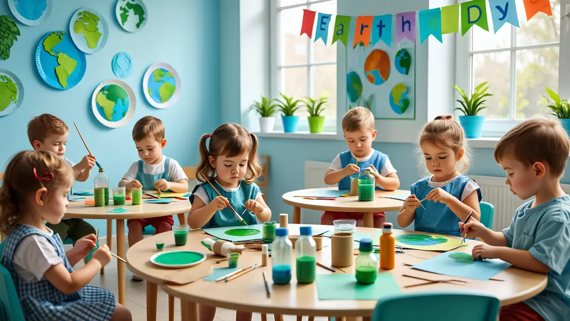 Preschool children creating earth day craft preschool projects with recycled materials in a bright, colorful classroom.