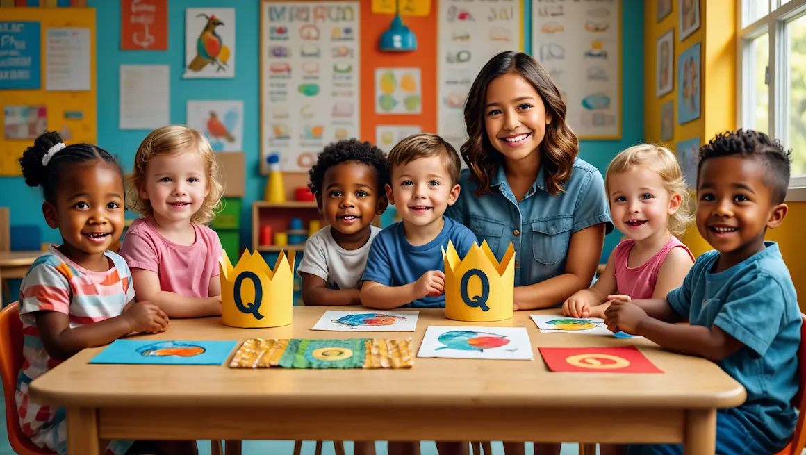 Preschool children and teacher with letter q crafts for preschoolers in a colorful classroom.