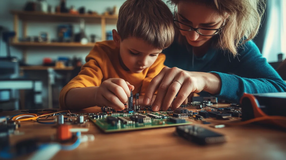 Parent and child working on diy ltc project electronics at home