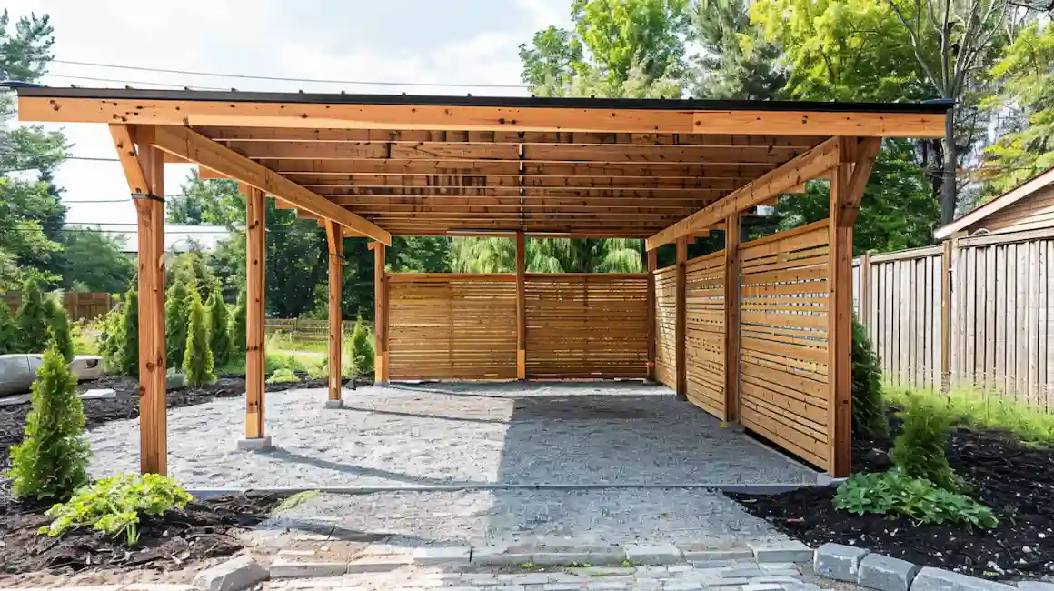 DIY carport with natural wood construction and privacy panels, set in a landscaped backyard with greenery and a wooden fence.
