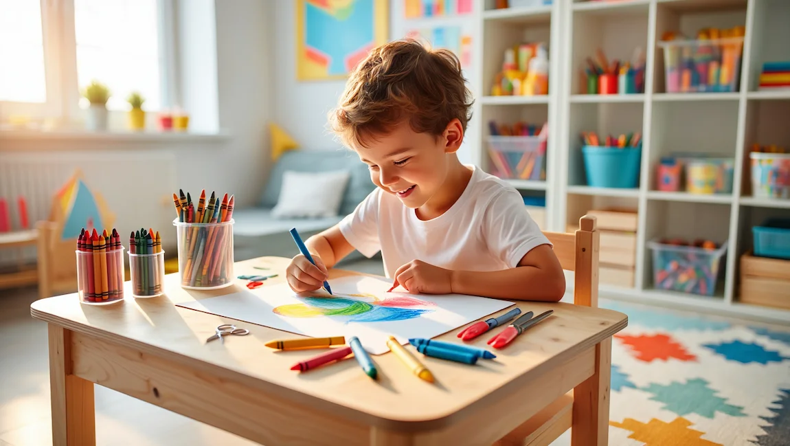 Happy child creating art at a diy kid craft desk with crayons and craft supplies in a playful room.