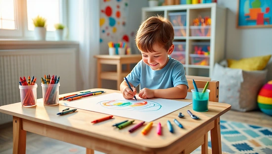 Smiling child drawing at a diy kid craft desk, surrounded by crayons and art supplies in a creative space.