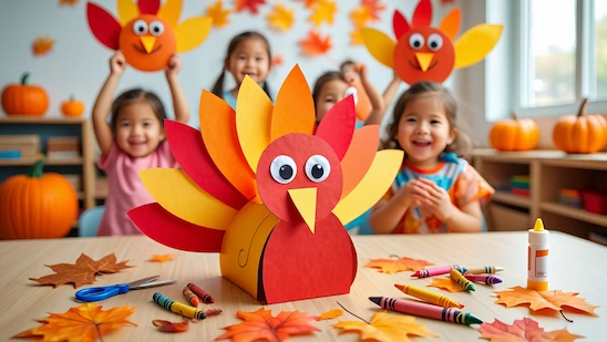Preschoolers smiling with colorful Thanksgiving turkey crafts made from printable templates and paper.