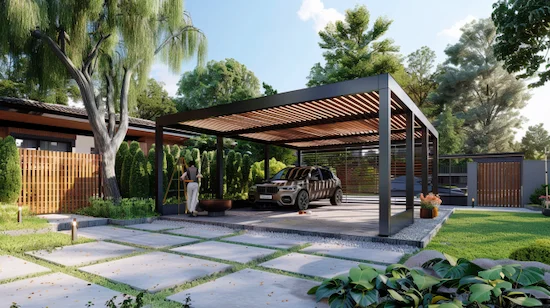 Modern DIY carport kit in a landscaped suburban yard, showing stylish structure and homeowner reviewing installation instructions