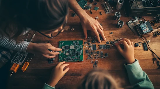 Family assembling electronics for diy ltc project at home in 2025