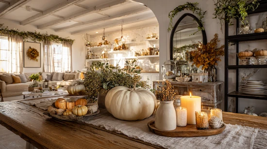 Cozy living room with Thanksgiving DIY projects, pumpkin centerpieces, and candles for festive fall decor.