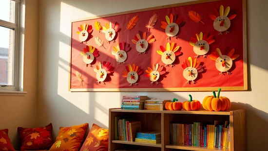 Preschool reading corner with a Thanksgiving bulletin board displaying paper turkey crafts, autumn pillows, books, and plush pumpkins