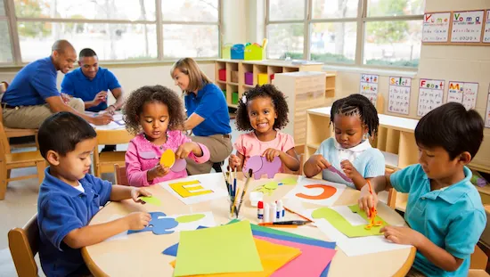 Happy preschool children crafting colorful Letter E projects, enhancing early literacy skills in a cheerful classroom.