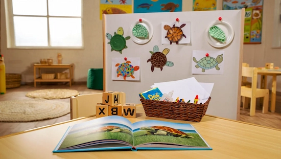 Turtle craft preschool projects displayed on a classroom wall, with a book, blocks, and craft supplies highlighting early learning activities.