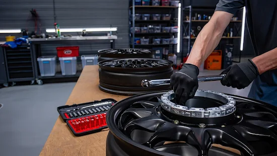 Person using tools to install bolt-on diy beadlocks on a wheel at a workbench in a garage