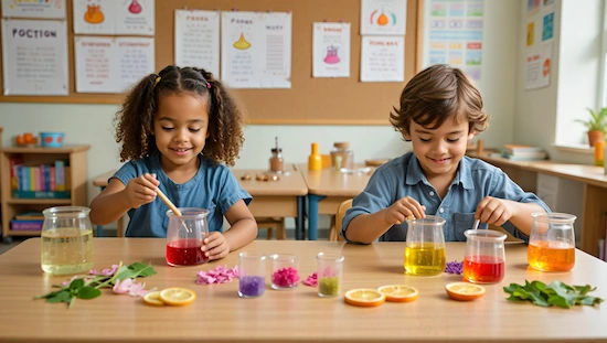 Two children mixing diy potions for kids with colorful liquids, flowers, and citrus in a bright classroom, encouraging creativity and learning.