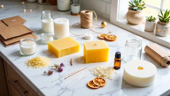 Essential supplies for advent candle DIY projects with beeswax, soy wax, wicks, glass jars, dried oranges, and eco-friendly tools on a countertop