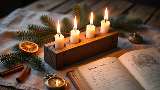 Vintage advent candle holder diy with four candles in a wooden block, fir branches, cinnamon sticks, and an open holiday tradition book.