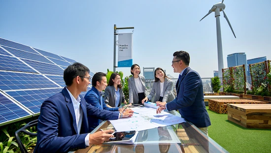 Professional team at Rose Eco Projects Ltd. collaborating outdoors with solar panels and a wind turbine, planning renewable energy projects for sustainability