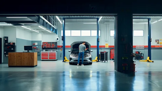 Modern diy auto garage rental near me with a customer working on a car, surrounded by organized tools, equipment, and a visible sign for DIY auto garage rental at the entrance.