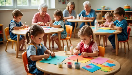 Children and grandparents working together on craft for grandparents day preschool, making colorful art in a classroom.