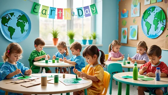 Children painting and creating earth day craft preschool projects together in a bright, eco-friendly classroom.

