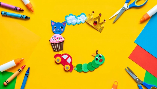 Why letter c crafts for preschool are essential: colorful cat, cupcake, cloud, crown, car, and caterpillar crafts arranged on a bright yellow background.