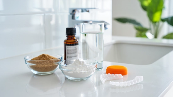 Common household ingredients for diy invisalign cleaner, including baking soda, a bottle of hydrogen peroxide, water, and clear aligners on a bathroom counter