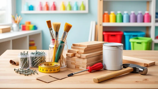DIY kid craft desk materials and tools—wood, paint, screws, brushes, and storage bins on a table.