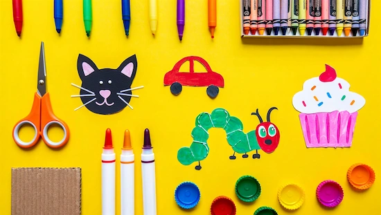 Getting started with letter c crafts for preschool—colorful cat, car, caterpillar, and cupcake crafts with eco-friendly supplies and crayons on a yellow background.