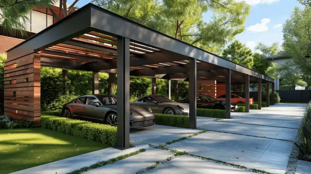Five modern DIY carport kits side by side, each sheltering a car in a bright, landscaped residential driveway