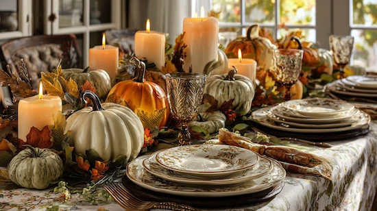 Thanksgiving DIY projects featuring elegant pumpkin centerpieces, candles, and autumn table decor.