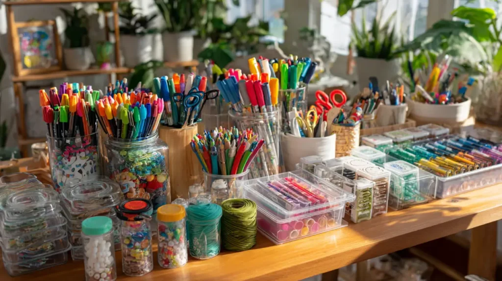 A colorful, sunlit table neatly organized with essential DIY supplies for tweens, including markers, scissors, paints, yarn, and beads, ready for creative projects.