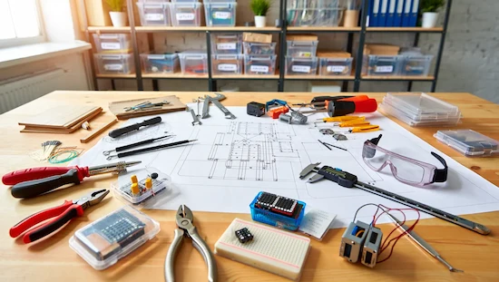 DIY mechanical engineering tools and materials organized on a workspace with blueprints and safety goggles.
