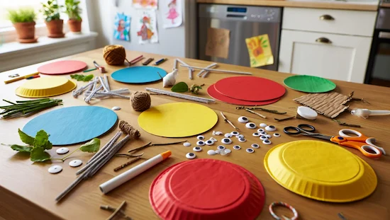 Table with essential supplies for preschool spider crafts including paper plates, pipe cleaners, googly eyes