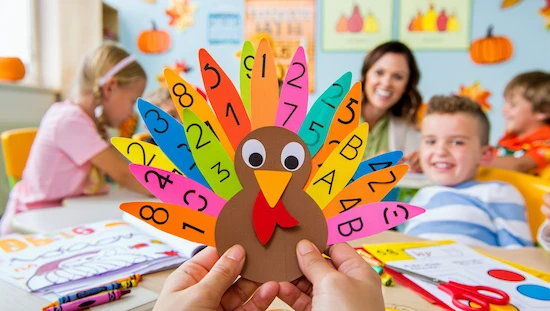 Child holding educational Thanksgiving turkey printable crafts with numbers and letters in a classroom.