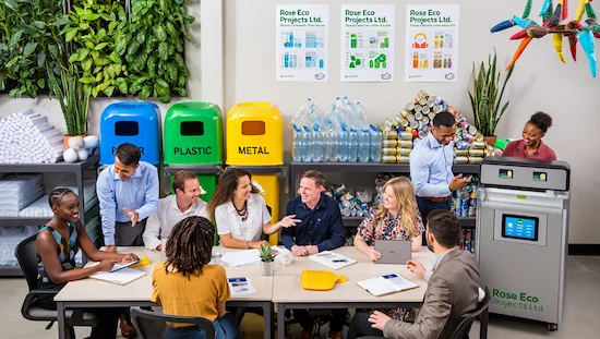 Team at Rose Eco Projects Ltd. collaborating on innovative waste reduction and recycling programs, with color-coded recycling bins, stacked bottles, and digital sorting technology