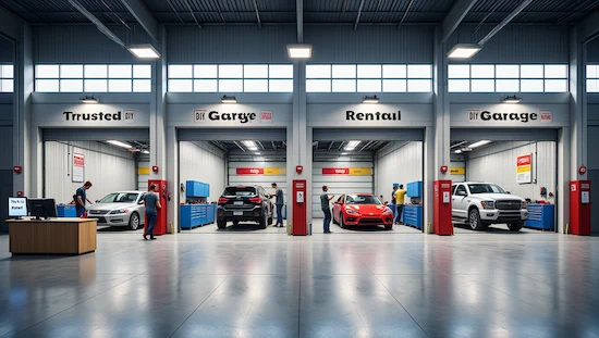 Multiple bays in a trusted diy auto garage rental near me, showing different people working on their cars in a clean, modern facility with clear rental signage and organized tool stations.