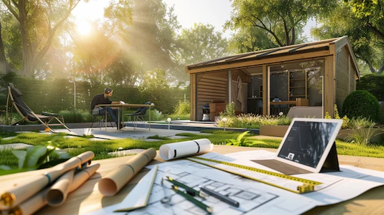 Essential planning for a diy carport project showing blueprints, laptop, and a homeowner preparing in a realistic backyard setting