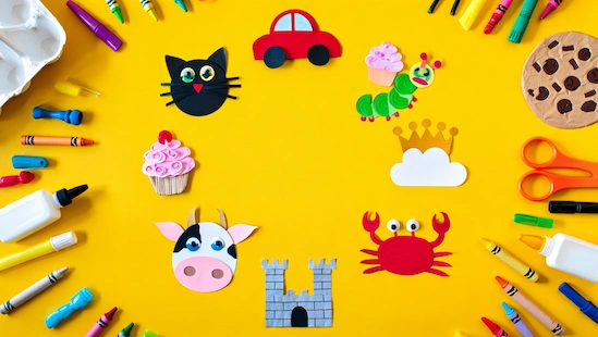 Top 10 letter c crafts for preschool: colorful cat, car, cupcake, caterpillar, cookie, crown, cloud, cow, crab, and castle crafts with supplies on yellow background.