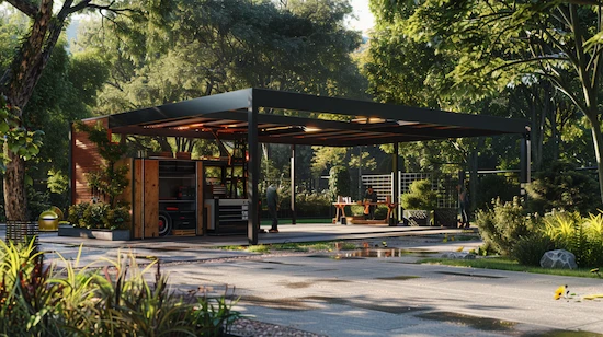 People assembling a modern DIY carport kit with tools and instructions in a bright, realistic suburban backyard