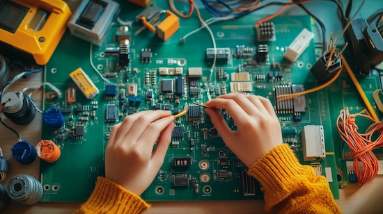 Hands working on beginner diy ltc project circuit board with electronic components