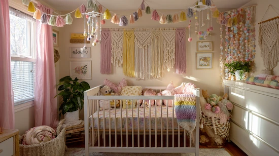 A cozy nursery featuring handmade nursery decor, macramé wall hangings, colorful garlands, and personalized diy nursery projects
