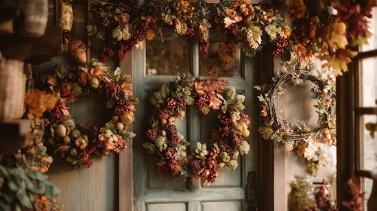 Thanksgiving wreath DIY and Thanksgiving garland displayed on a rustic front door, featuring grapevine, felt, and autumn leaves decor.