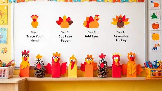 Step-by-step turkey crafts preschool guide on a classroom board with hand tracing, paper cutting, and assembled turkey crafts on display