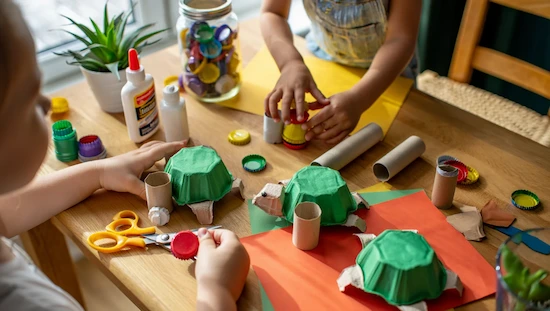 Eco-friendly turtle craft preschool projects using egg cartons, cardboard tubes, and bottle caps, with kids’ hands and supplies on a sunlit table.