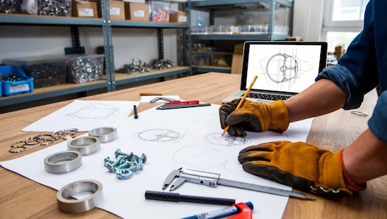 Gloved hand sketching custom beadlock ring designs at a workbench with tools, bolts, and diy beadlocks parts