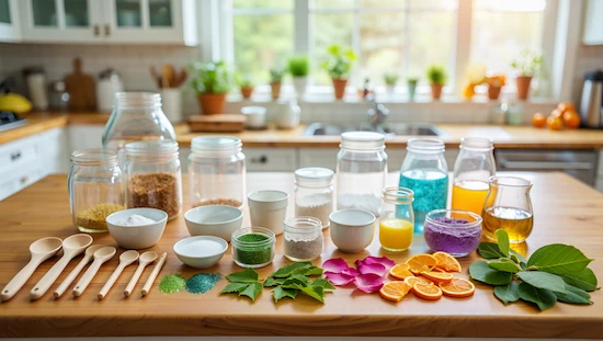 Essential supplies for diy potions for kids shown on a wooden table: jars, spoons, natural leaves, powders, and colorful liquids.