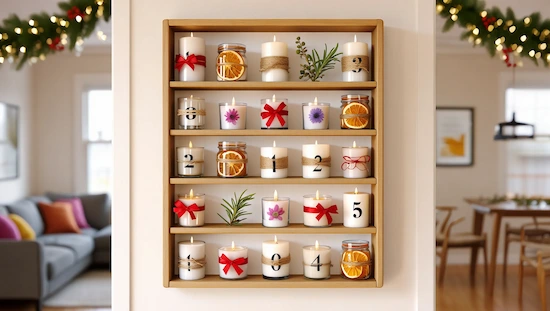 20 unique advent candle DIY ideas with decorated candles, numbers, twine, jars, and dried orange slices on a modern shelf in a festive home