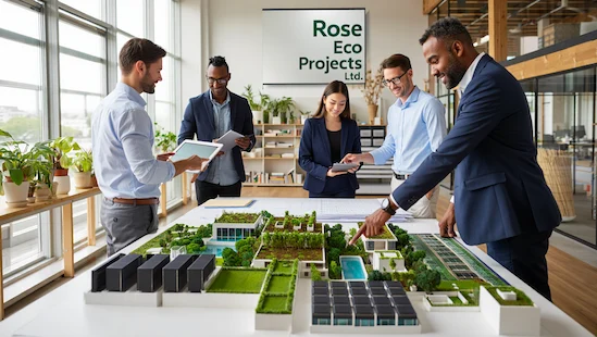 Architects and engineers from Rose Eco Projects Ltd. reviewing sustainable building models with green roofs, solar panels, and eco-friendly features in a modern office