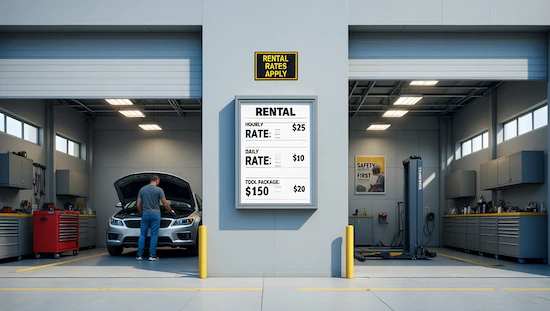 DIY auto garage rental near me showing a modern garage bay with a clear rental price board, a customer working on a car, and organized tools in a clean, professional environment.
