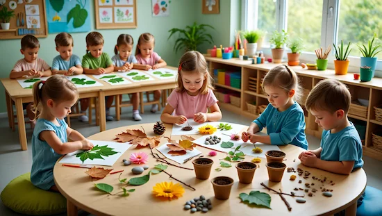 Preschoolers creating nature-inspired earth day craft preschool activities with leaves, flowers, and natural materials.

